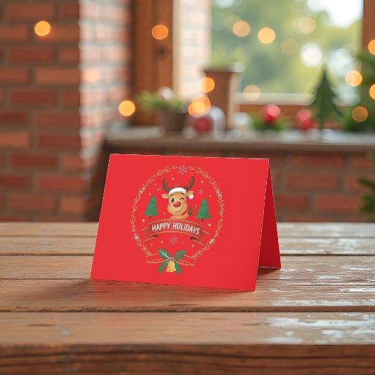 Cute Winking Reindeer Happy Holidays Christmas Car サンキューカード