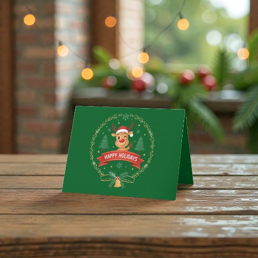 Cute Winking Reindeer Happy Holidays Christmas Car サンキューカード