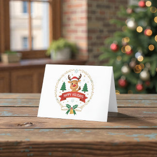 Cute Winking Reindeer Happy Holidays Christmas Car サンキューカード