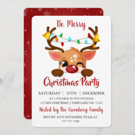 Cute Winking Reindeer Red Nose Christmas Party 招待状