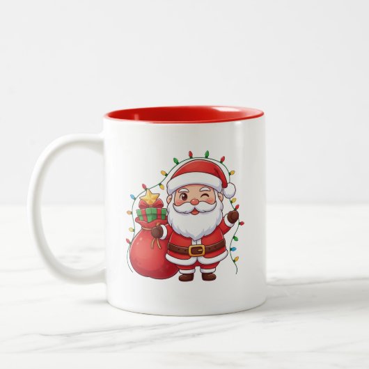Cute Winking Santa Claus Christmas Lights Mug ツートーンマグカップ (左)