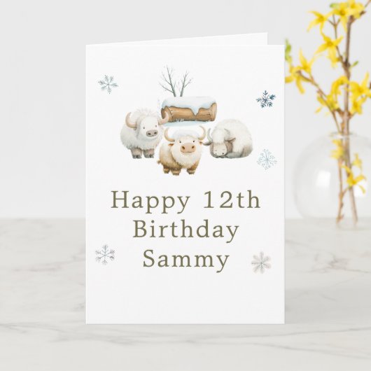 Cute Winter Arctic Cow Birthday  カード (黄色い花)