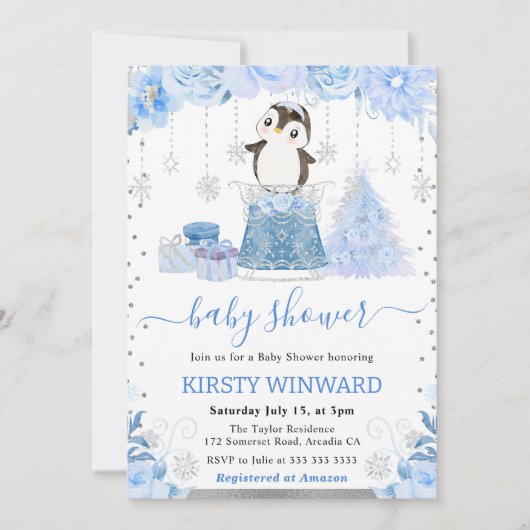 Cute Winter Arctic Penguin Baby Shower 招待状 (正面)