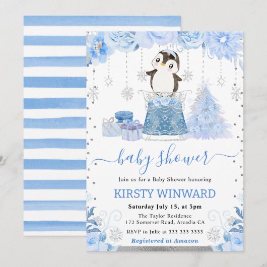 Cute Winter Arctic Penguin Baby Shower 招待状 (正面/裏面)