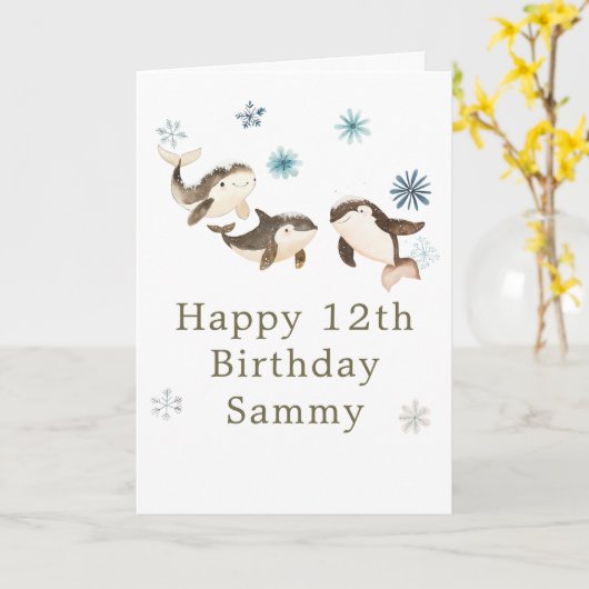 Cute Winter Arctic Whale Birthday Party カード (黄色い花)