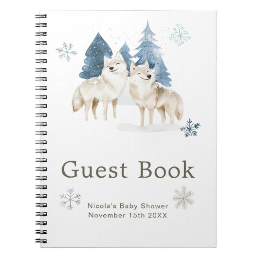 Cute Winter Arctic Wolf Baby Shower Guest Book ノートブック (正面)