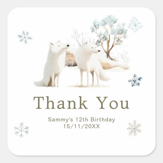Cute Winter Arctic Wolf Birthday Party スクエアシール (正面)