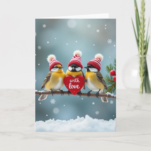 Cute Winter Birds Knit Hat Greeting Card カード (正面)