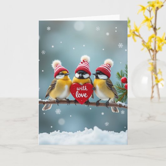Cute Winter Birds Knit Hat Greeting Card カード (黄色い花)