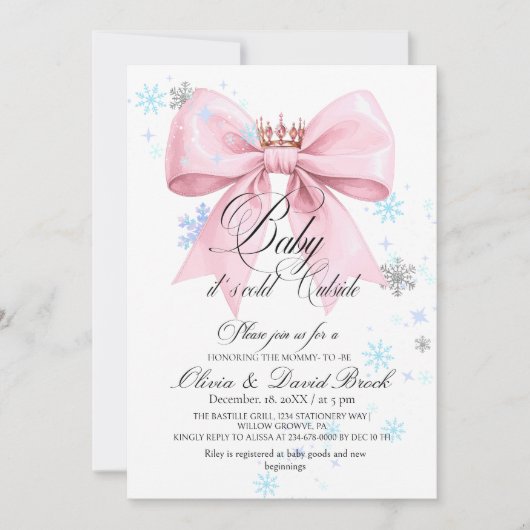 Cute Winter Bow Baby its Cold Outside Baby Shower 招待状 (正面)