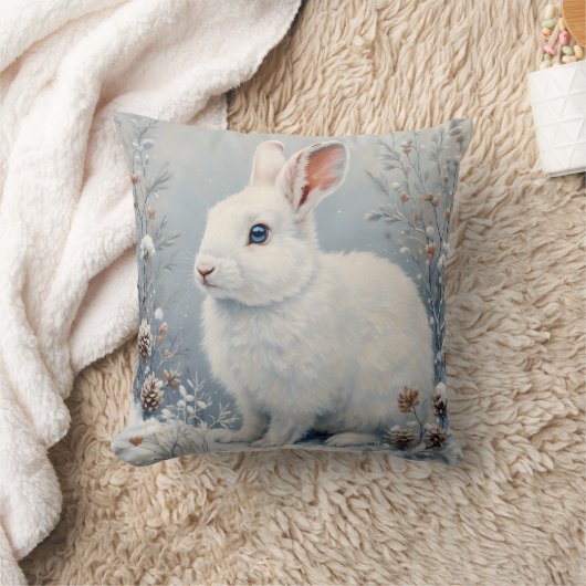 Cute Winter Bunny – White Rabbit with Blue Eyes クッション (ブランケット)