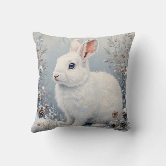 Cute Winter Bunny – White Rabbit with Blue Eyes クッション (裏面)