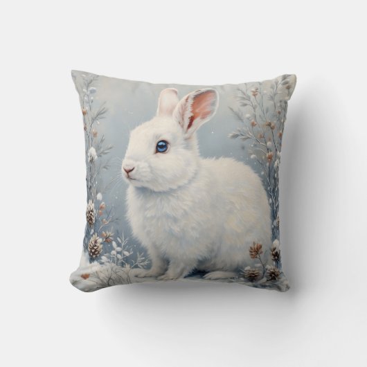 Cute Winter Bunny – White Rabbit with Blue Eyes クッション (正面)