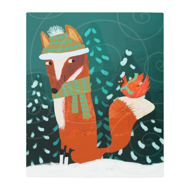 Cute Winter Fox and Bird Friends Metal Wall Art メタルプリント (正面)