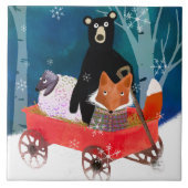Cute Winter Friends in Red Wagon Ceramic Tile タイル (正面)