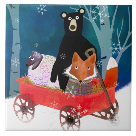 Cute Winter Friends in Red Wagon Ceramic Tile タイル (正面)