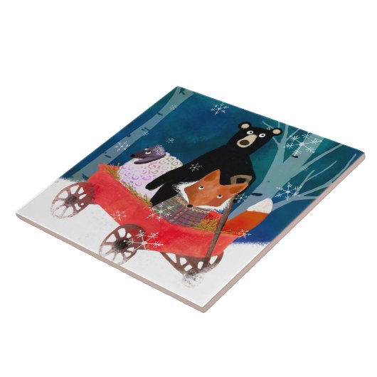 Cute Winter Friends in Red Wagon Ceramic Tile タイル (側面)