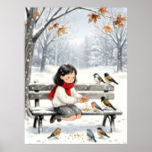 Cute Winter Girl Feeding Birds Nursery Wall Art  ポスター (正面)