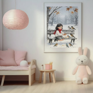 Cute Winter Girl Feeding Birds Nursery Wall Art  ポスター