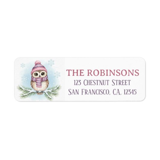 Cute Winter Owl Snow Return Address Label ラベル (正面)