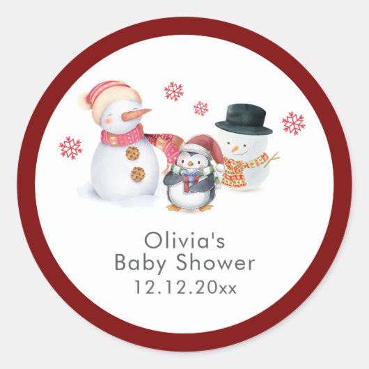 Cute Winter Penguin Snowman Baby Shower  ラウンドシール (正面)