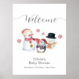 Cute Winter Penguin Snowman Baby Shower Welcome  ポスター