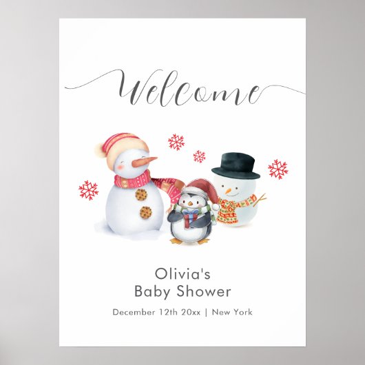 Cute Winter Penguin Snowman Baby Shower Welcome  ポスター (正面)