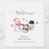 Cute Winter Penguin Snowman Baby Shower Welcome  ワインラベル (シングルラベル)