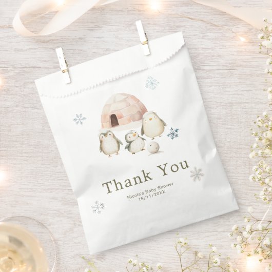 Cute Winter Penguins Baby Shower フェイバーバッグ (クリップ留めされた状態)