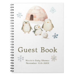 Cute Winter Penguins Baby Shower Guest Book ノートブック