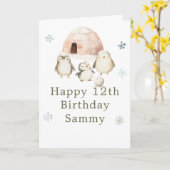 Cute Winter Penguins Birthday Party カード (黄色い花)