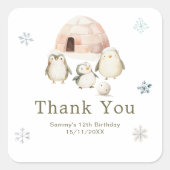 Cute Winter Penguins Birthday Party スクエアシール (正面)