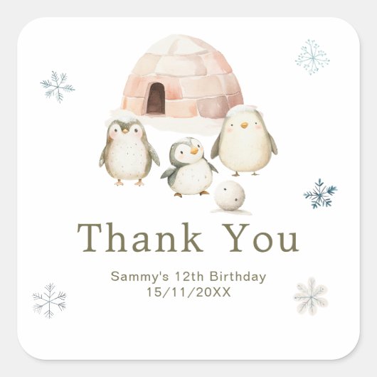 Cute Winter Penguins Birthday Party スクエアシール (正面)