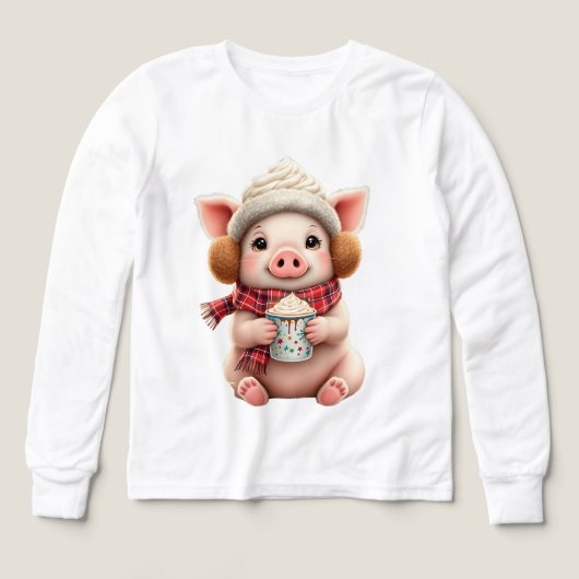 Cute Winter Pig With Hot Cocoa Illustration T-Shir (デザイン正面)