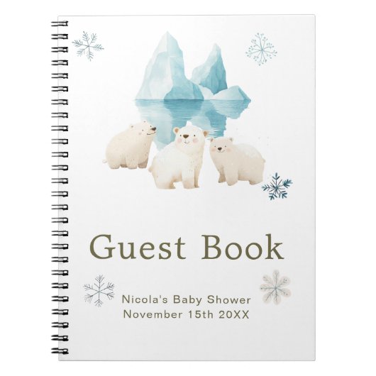 Cute Winter Polar Bears Baby Shower Guest Book ノートブック (正面)