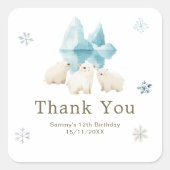 Cute Winter Polar Bears Birthday Party スクエアシール (正面)