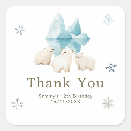 Cute Winter Polar Bears Birthday Party スクエアシール (正面)