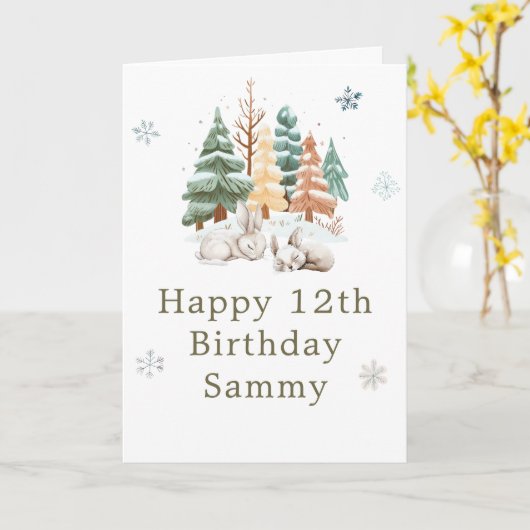 Cute Winter Rabbits Birthday Party カード (黄色い花)