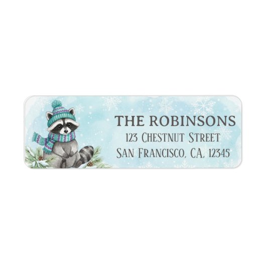 Cute Winter Raccoon Snowflake Return Address Label ラベル (正面)