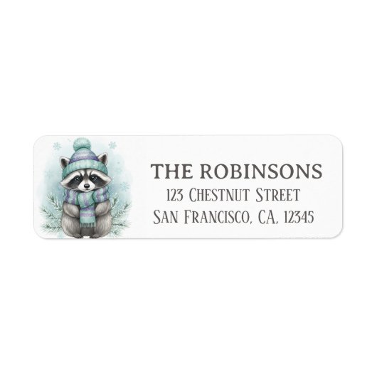 Cute Winter Raccoon Snowflake Return Address Label ラベル (正面)