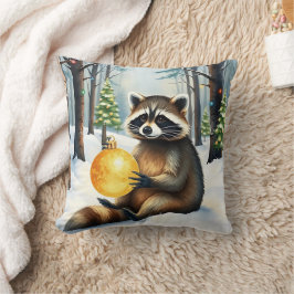 Cute Winter Raccoon with Gold Ornament Christmas クッション