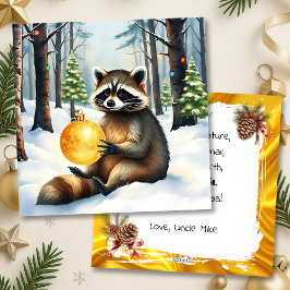 Cute Winter Raccoon with Gold Ornament Christmas シーズンカード