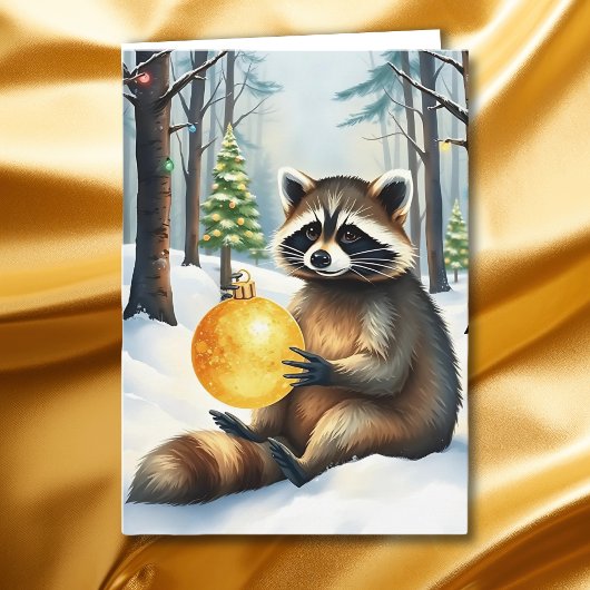 Cute Winter Raccoon with Gold Ornament Christmas シーズンカード