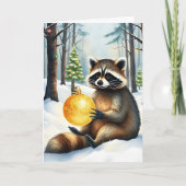 Cute Winter Raccoon with Gold Ornament Christmas シーズンカード (正面)