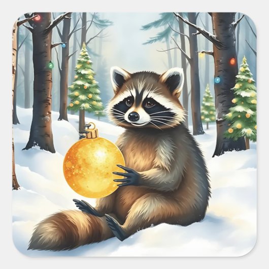Cute Winter Raccoon with Gold Ornament Christmas スクエアシール (正面)