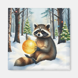 Cute Winter Raccoon with Gold Ornament Christmas マグネット