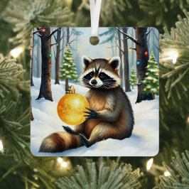 Cute Winter Raccoon with Gold Ornament Christmas メタルオーナメント