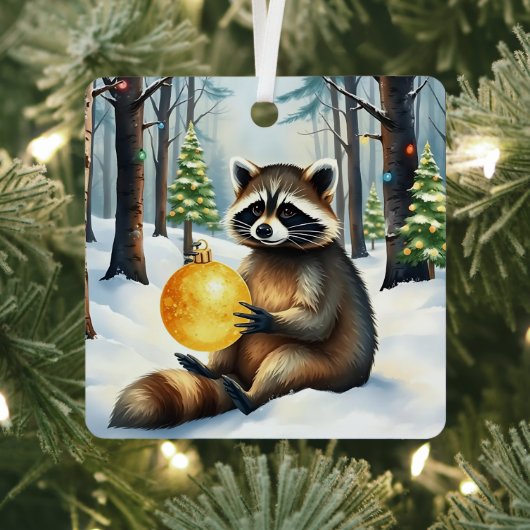 Cute Winter Raccoon with Gold Ornament Christmas メタルオーナメント (インサイチュ)