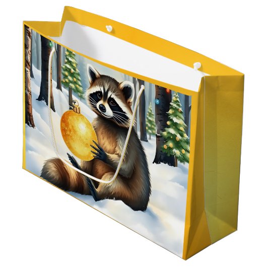 Cute Winter Raccoon with Gold Ornament Christmas ラージペーパーバッグ (正面アングル)