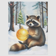 Cute Winter Raccoon with Gold Ornament Christmas